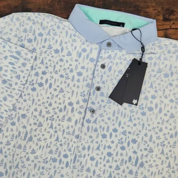 New Greyson Mens Golf Polo Magical Ferns Arctic White/Blue Floral Size XL NWT - Picture 1 of 9
